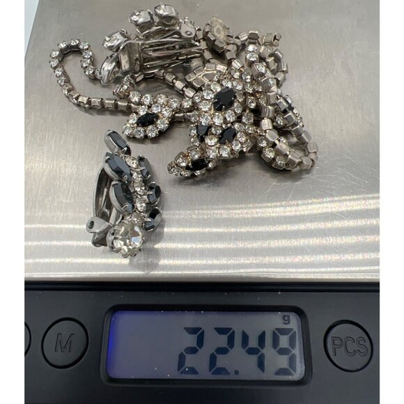 Vintage Black & Clear Rhinestone Bib Necklace Set Clip-On Earrings 1950s Glam - Picture 12 of 12